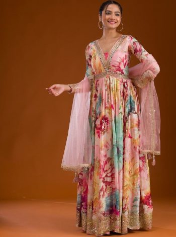 FANCY CHINON SILK DIGITAL PRINTED WITH EMBROIDERY THREAD AND SEQUENCE WORK ALIA CUT GOWN WITH DUPATTA MULTI