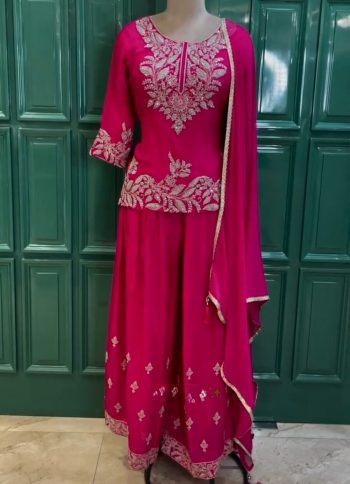 FANCY CHINON SILK EMBROIDERY SEQUENCE CODING DORI WORK WITH TASSLES TOP PALAZZO WITH DUPATTA RANI