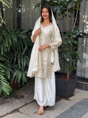 FANCY CHINON SILK EMBROIDERY WORK TOP PALAZZO WITH DUPATTA WHITE