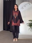 FANCY CREPE SILK PRINTED TOP PANT SET BLACK