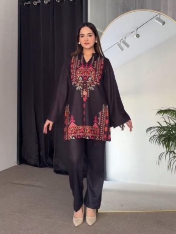 FANCY CREPE SILK PRINTED TOP PANT SET BLACK