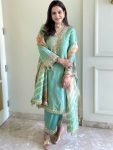 FANCY CRUNCHY SILK EMBROIDERY SEQUENCE WORK WITH RIVET MOTI WORK TOP PALAZZO WITH DUPATTA  SKY