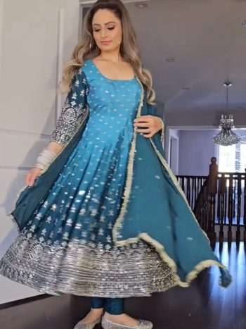 FANCY DUAL TONE CHINON SILK EMBROIDERY SEQUENCE WORK GOWN BOTTOM WITH DUPATTA SKY