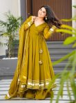 FANCY FAUX GEORGETTE GOTA PATTI PATTER  STITCHES WORK GOWN BOTTOM WITH DUPATTA MUSTARD
