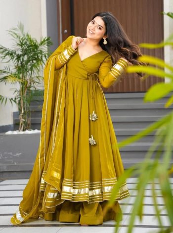 FANCY FAUX GEORGETTE GOTA PATTI PATTER  STITCHES WORK GOWN BOTTOM WITH DUPATTA MUSTARD