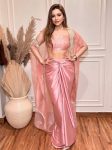 FANCY FRENCH CRAPE SEQUENCE EMBROIDERY AND SILVER MOTI LACE TUBE BLOUSE DRAPED SKIRT WITH SHRUG  BABY PINK