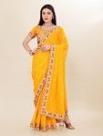 FANCY GEORGETTE DIGITAL PRINT WITH EMBROIDERY WORK LACE SAREE WITH UNSTITCHED BLOUSE  YELLOW