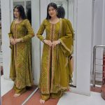 FANCY GEORGETTE DIGITAL PRINTED EMBROIDERY SEQUENCE WORK TOP PALAZZO WITH DUPATTA MEHNDI