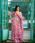 FANCY GEORGETTE DIGITAL PRINTED RUFFLE WORK LEHENGA SAREE WITH STITCHED BLOUSE PINK