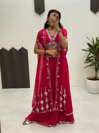 FANCY GEORGETTE EMBROIDERY MIRROR WORK BLOUSE PALAZZO WITH SHRUG RANI