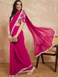 FANCY GEORGETTE PLAIN LACE WORK SAREE WITH EMBROIDERY WORK UNSTITCHED BLOUSE PARTY WEAR WHOLESALE PRICE ETHNIC GARMENT (1)