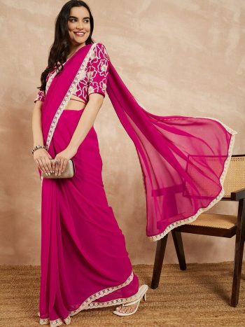 FANCY GEORGETTE PLAIN LACE WORK SAREE WITH EMBROIDERY WORK UNSTITCHED BLOUSE PINK