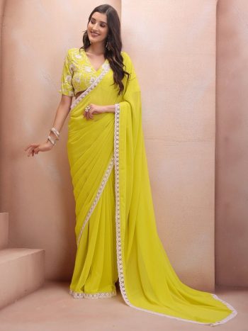 FANCY GEORGETTE PLAIN LACE WORK SAREE WITH EMBROIDERY WORK UNSTITCHED BLOUSE YELLOW