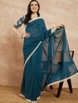FANCY GEORGETTE PLAIN LACE WORK SAREE WITH EMBROIDERY WORK UNSTITCHED BLOUSE RAMA
