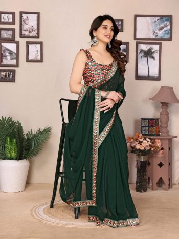 FANCY GEORGETTE PLAIN WITH DIGITALPRINT LACE WORK SAREE WITH UNSTITCHED BLOUSE GREEN