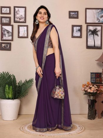 FANCY GEORGETTE PLAIN WITH DIGITALPRINT LACE WORK SAREE WITH UNSTITCHED BLOUSE WINE