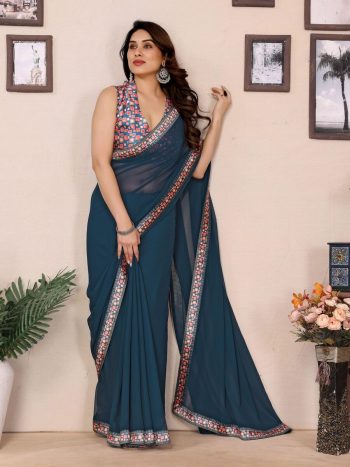 FANCY GEORGETTE PLAIN WITH DIGITALPRINT LACE WORK SAREE WITH UNSTITCHED BLOUSE TEAL