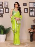 FANCY GEORGETTE PLAIN WITH DIGITALPRINT LACE WORK SAREE WITH UNSTITCHED BLOUSE PARROT GREEN