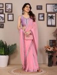 FANCY GEORGETTE PLAIN WITH DIGITALPRINT LACE WORK SAREE WITH UNSTITCHED BLOUSE PARTY WEAR WHOLESALE PRICE ETHNIC GARMENT (5)