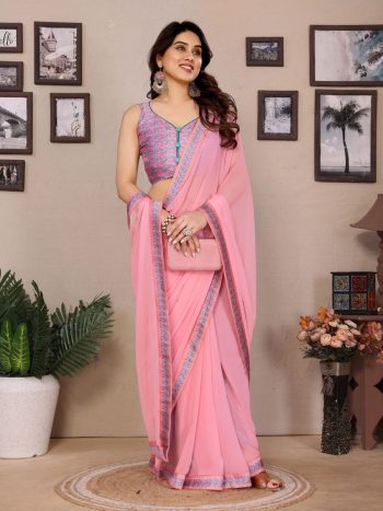 FANCY GEORGETTE PLAIN WITH DIGITALPRINT LACE WORK SAREE WITH UNSTITCHED BLOUSE BABY PINK