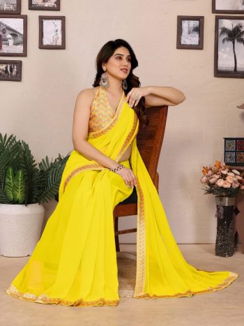 FANCY GEORGETTE PLAIN WITH DIGITALPRINT LACE WORK SAREE WITH UNSTITCHED BLOUSE YELLOW