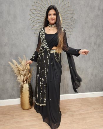 FANCY GEORGETTE PLEATED EMBROIDERY SEQUENCE WORK READY TO WEAR LEHENGA SAREE BLOUSE WITH SHRUG BLACK