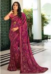 FANCY GEORGETTE PRINTED LACE WORK SAREE WITH UNSTITCHED BLOUSE  WINE