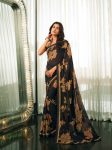 FANCY GEORGETTE PRINTED LACE WORK SAREE WITH UNSTITCHED BLOUSE BLACK