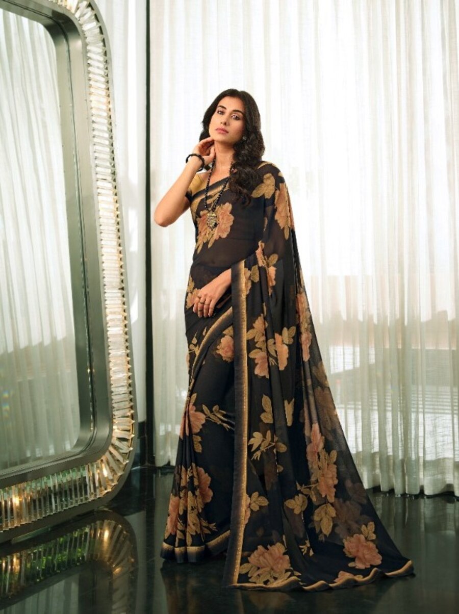 FANCY GEORGETTE PRINTED LACE WORK SAREE WITH UNSTITCHED BLOUSE PARTY WEAR WHOLESALE PRICE ETHNIC GARMENT (4)