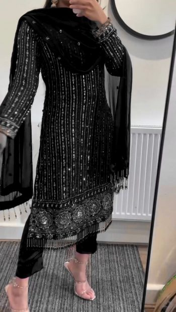 FANCY GEORGETTE THREAD WITH SEQUENCE AND MIRROR  WORK TOP PANT WITH DUPATTA BLACK