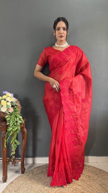 FANCY KOTA DORIYA SILK EMBROIDERY THREAD WORK READY TO WEAR SAREE RED