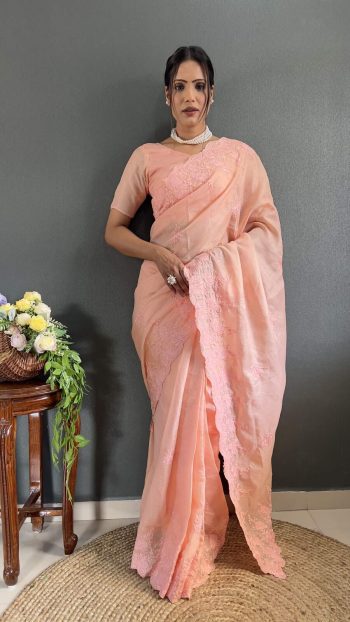 FANCY KOTA DORIYA SILK EMBROIDERY THREAD WORK READY TO WEAR SAREE PEACH