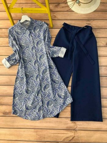 FANCY RAYON DIGITAL PRINTED KURTI WITH PALAZZO NAVY BLUE