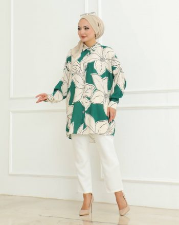 FANCY RAYON DIGITAL PRINTED TOP PENT SET WITH HIJAB GREEN