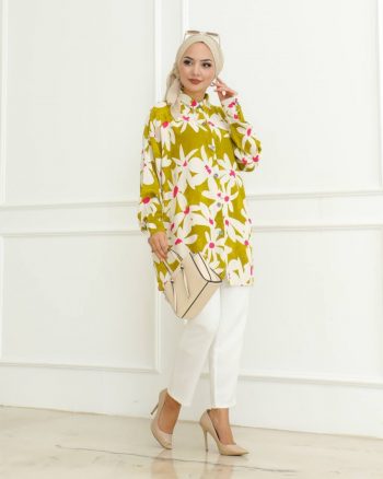 FANCY RAYON DIGITAL PRINTED TOP PENT SET WITH HIJAB YELLOW