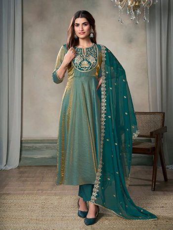 FANCY SILK EMBROIDERY SEQUENCE WORK GOWN BOTTOM WITH DUPATTA GREEN