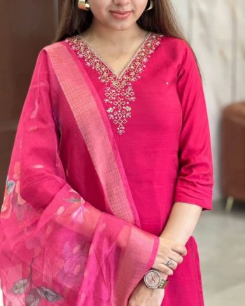 FANCY VISCOSE CHANDERI SILK EMBROIDERY CODING SEQUENCE WORK TOP BOTTOM WITH DUPATTA  RANI