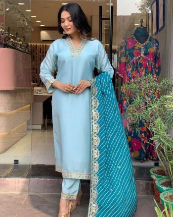 FASHIONABLE BANANA SILK EMBROIDERY WORK TOP BOTTOM WITH DUPATTA SKY