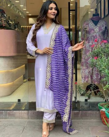 FASHIONABLE BANANA SILK EMBROIDERY WORK TOP BOTTOM WITH DUPATTA LAVENDER