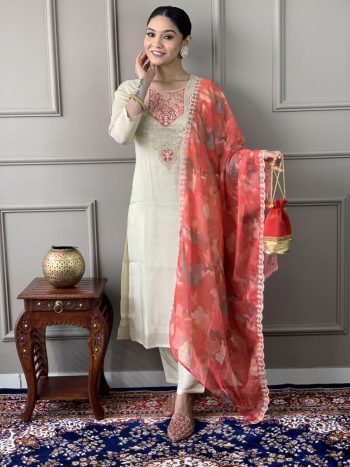 FASHIONABLE CHANDERI SILK EMBROIDERY CODING SEQUENCE WORK TOP BOTTOM WITH DUPATTA OFF WHITE
