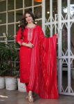 FASHIONABLE CHANDERI SILK EMBROIDERY SEQUENCE CODING WORK TOP BOTTOM WITH DUPATTA RED