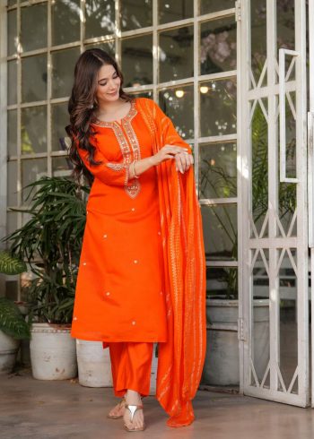 FASHIONABLE CHANDERI SILK EMBROIDERY SEQUENCE CODING WORK TOP BOTTOM WITH DUPATTA ORANGE