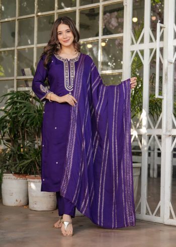 FASHIONABLE CHANDERI SILK EMBROIDERY SEQUENCE CODING WORK TOP BOTTOM WITH DUPATTA PURPLE