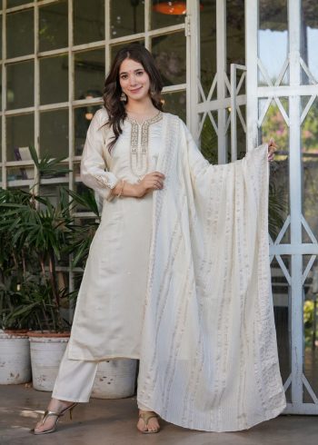 FASHIONABLE CHANDERI SILK EMBROIDERY SEQUENCE CODING WORK TOP BOTTOM WITH DUPATTA WHITE
