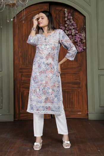 FASHIONABLE COTTON DIGITAL PRINTED CHIKANKARI WORK TOP BOTTOM SET ORANGE