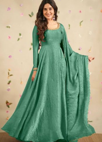 FASHIONABLE CRUSH SILK EMBROIDERY SEQUENCE WORK GOWN BOTTOM WITH DUPATTA GREEN