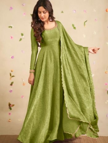 FASHIONABLE CRUSH SILK EMBROIDERY SEQUENCE WORK GOWN BOTTOM WITH DUPATTA PISTA