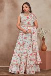 FASHIONABLE GEORGETTE DIGITAL PRINTED 3 LAYER LEHENGA SAREE WITH UNSTITCHED BLOUSE OFF WHITE
