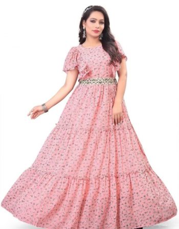 FASHIONABLE GEORGETTE PRINTED LAYERED GOWN WITH BELT PINK