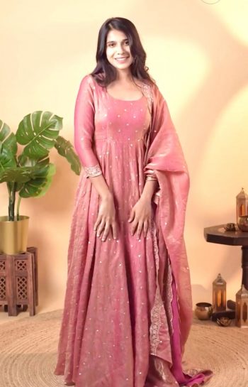FASHIONABLE GOLD CRUSH SILK EMBROIDERY SEQUENCE WORK GOWN BOTTOM WITH DUPATTA PINK
